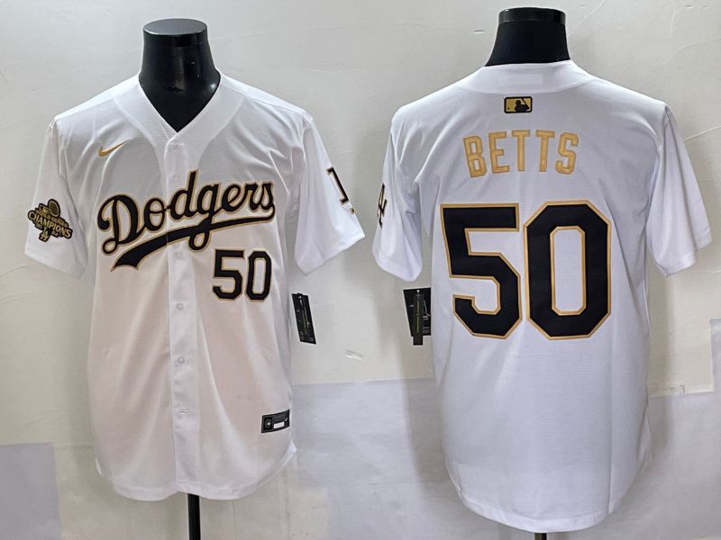 Men 2025 Los Angeles Dodgers #50 Betts White Gold Nike MLB Jersey style 6273